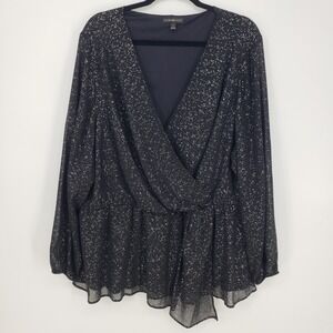 Lane Bryant Faux Wrap Blouse Sz 24 Black Silver Metallic Peplum Top Long Sleeves